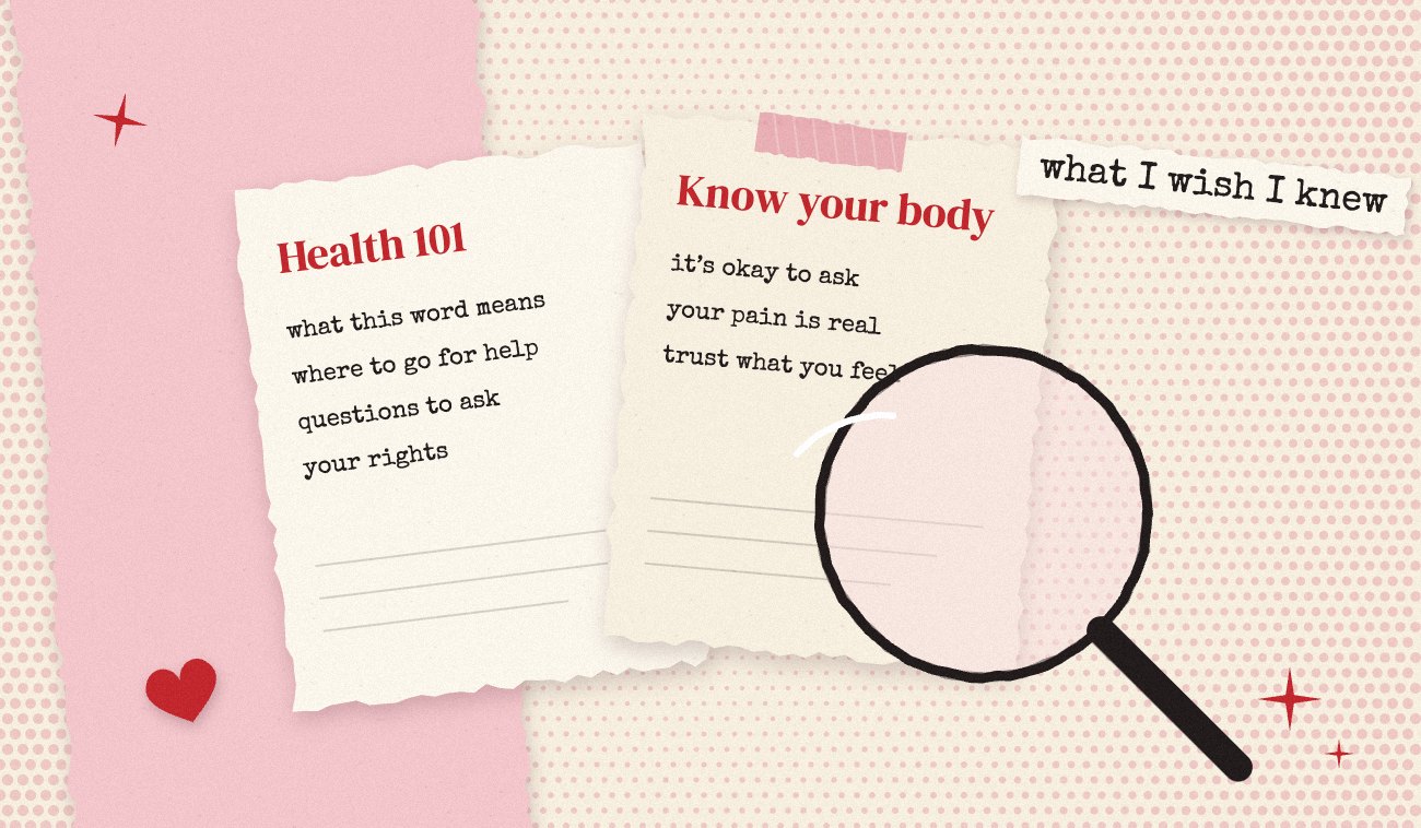 Collage of torn health fact sheets titled Health 101 and Know your body under a hand-drawn magnifying glass