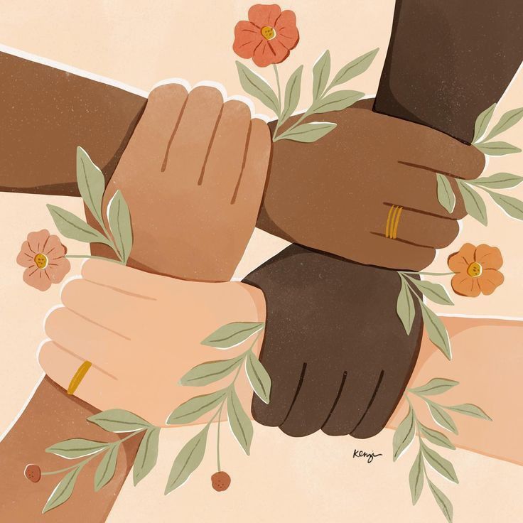 This may contain: several hands holding each other with flowers on them