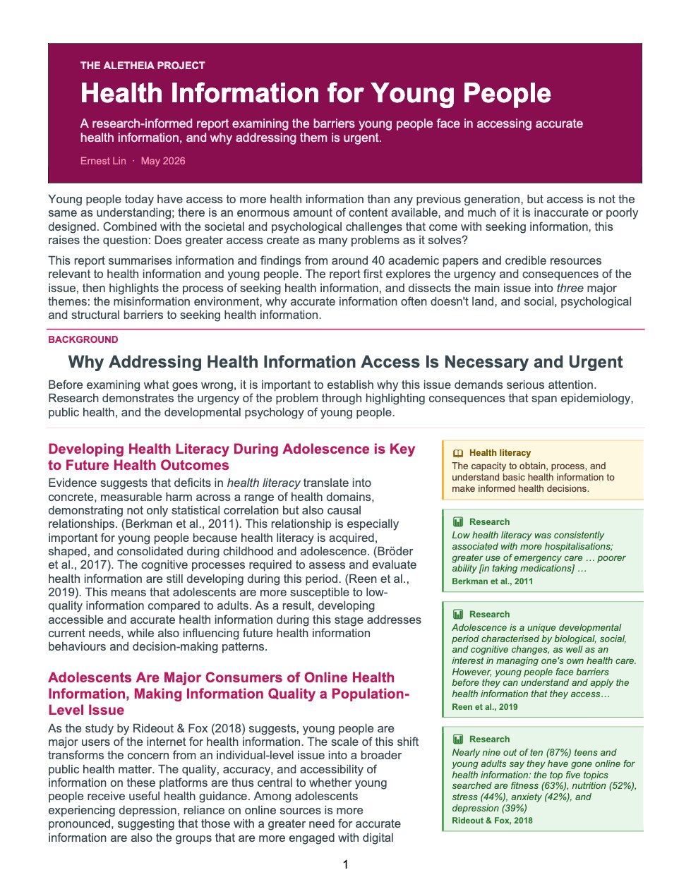 Cover page of the report Health Information for Young People by Ernest Lin