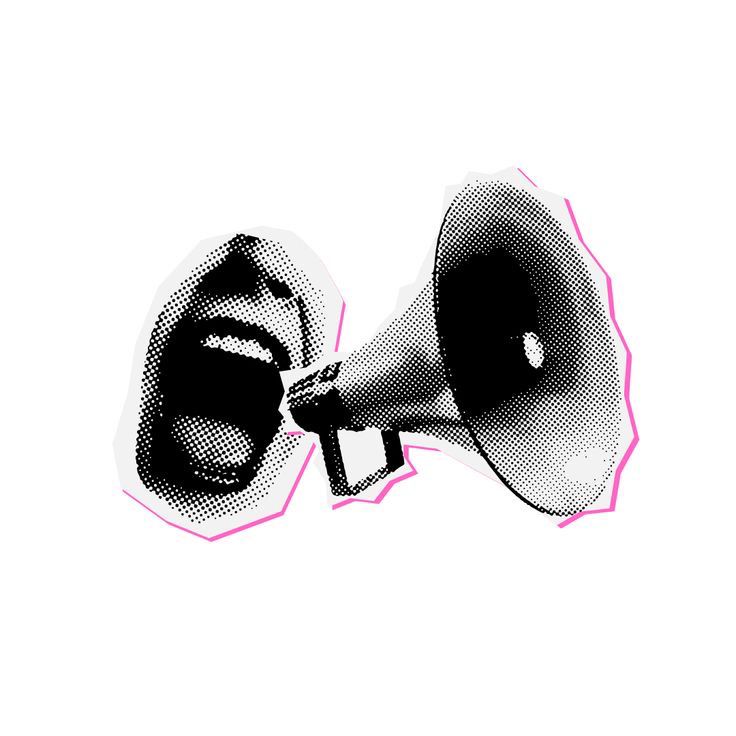 This may contain: a black and white photo of a megaphone with a pink outline on it's side