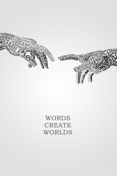 This may contain: two hands reaching out to each other with words written all over them in black and white