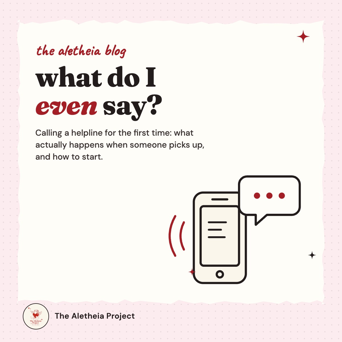 Aletheia blog cover: what do I even say? Calling a helpline for the first time, with a line drawing of a phone and speech bubble