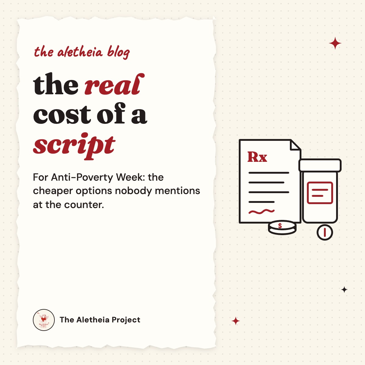 Aletheia blog graphic: "the real cost of a script", with a line drawing of a prescription, a medicine bottle and coins.