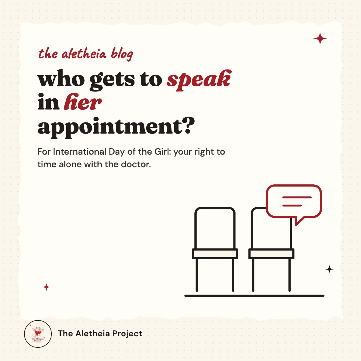 Aletheia blog cover: who gets to speak in her appointment? Line drawing of two waiting room chairs and a speech bubble